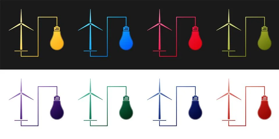 Set Wind mill turbine generating power energy and bulb icon isolated on black 스톡 일러스트