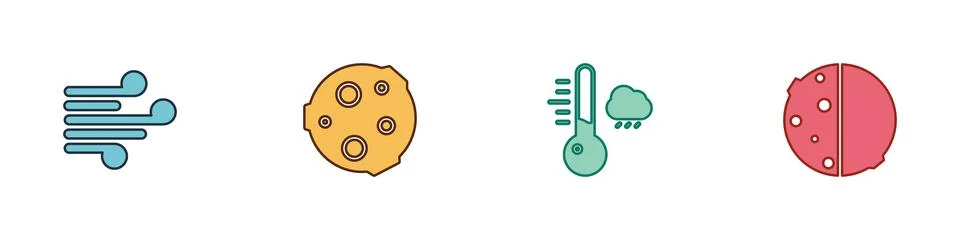 Set Wind, Moon, Meteorology thermometer and Eclipse of sun icon. Vector 스톡 일러스트