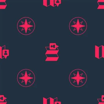 Set Wind rose and Folded map with location marker on seamless pattern. Vector Illustrazione stock