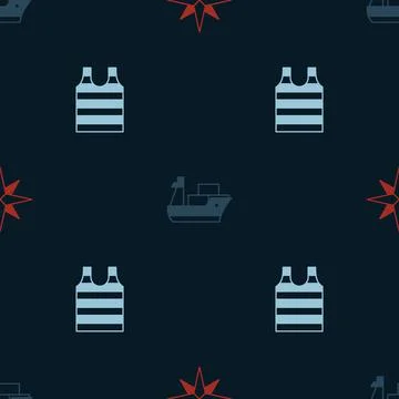 Set Wind rose, Cargo ship and Striped sailor t-shirt on seamless pattern. Vector Stock Illustration