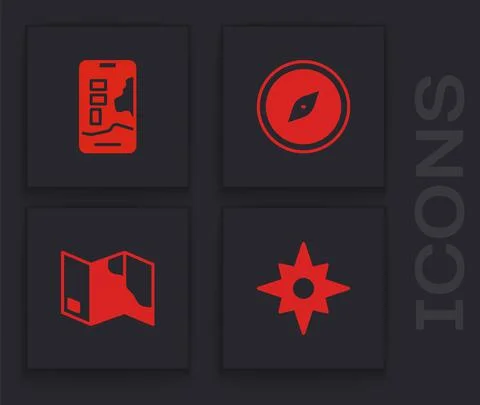 Set Wind rose, City map navigation, Compass and Folded icon. Vector Stock Illustration