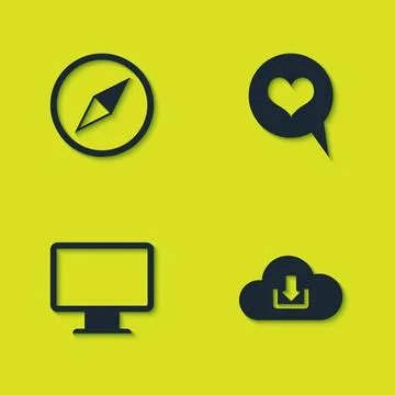 Set Wind rose, Cloud download, Computer monitor screen and Heart speech bubble Stock Illustration