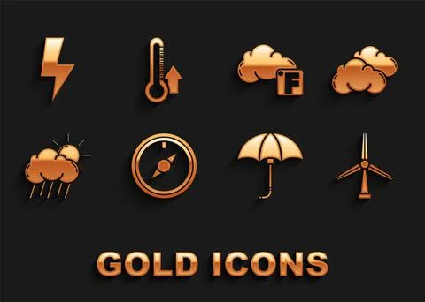 Set Wind rose, Cloud, turbine, Classic elegant opened umbrella, with rain and Illustration
