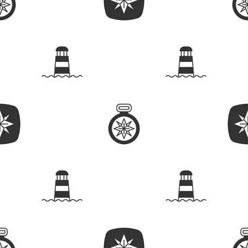 Set Wind rose, Compass and Lighthouse on seamless pattern. Vector Stock Illustration