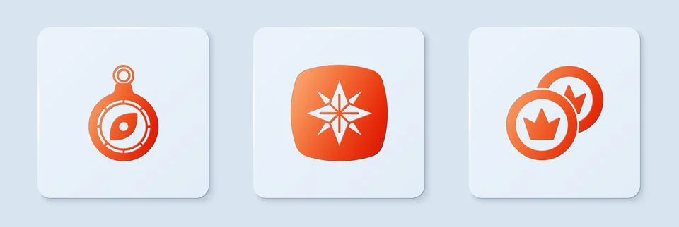 Set Wind rose, Compass and Pirate coin. White square button. Vector Stock Illustration