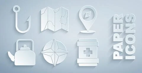 Set Wind rose, Compass, Kettle with handle, First aid kit, Location of the fo Illustration