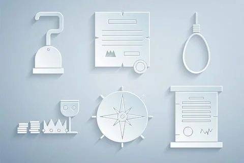 Set Wind rose, Gallows rope loop hanging, Treasure and riches, Decree, parchment Stock Illustration
