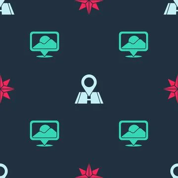 Set Wind rose, Location and on seamless pattern. Vector Stock Illustration