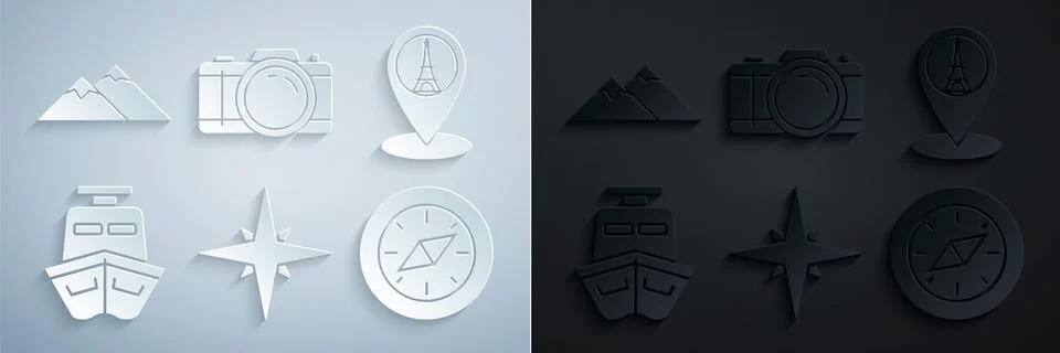 Set Wind rose, Map pointer with Eiffel tower, Ship, Compass, Photo camera and Stock Illustration