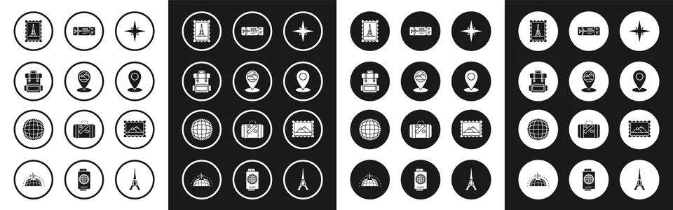 Set Wind rose, Map pointer with mountain, Hiking backpack, Postal stamp and 스톡 일러스트