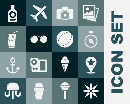 Set Wind rose, Map pointer with star, Compass, Photo camera, Glasses, Cockt.. Illustrazione stock