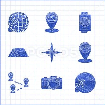 Set Wind rose, Photo camera, Globe with flying plane, Map pointer Egypt ...