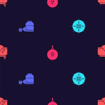 Set Wind rose, Pirate game dice, Bomb ready to explode and hat on seamless イラスト素材