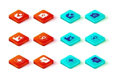 Set Wind rose, Push pin, Folded map with location marker, Map, Location hou.. Stock Illustration