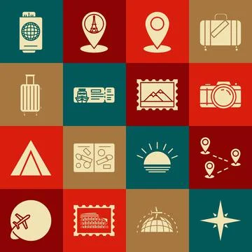 Set Wind rose, Route location, Photo camera, Map pin, Cruise ticket for Stock Illustration