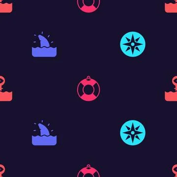 Set Wind rose Shark fin ocean wave Lifebuoy and Periscope on seamless pattern Stock Illustration