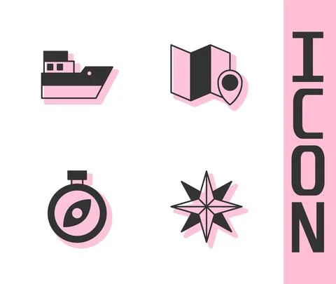 Set Wind rose, Ship line path, Compass and Folded map with location marker icon Stock Illustration