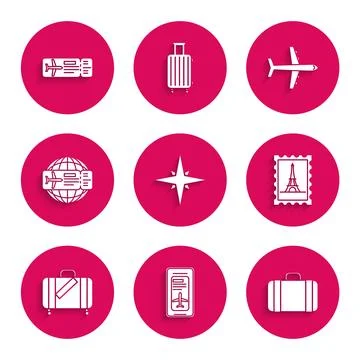 Set Wind rose, Smartphone with electronic boarding pass airline ticket, Suitcase 스톡 일러스트