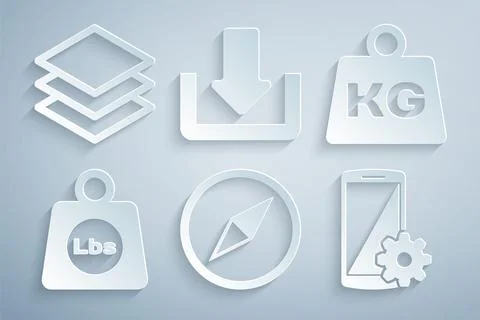 Set Wind rose, Weight, pounds, Setting on smartphone, Download and Layers icon Ilustração Stock