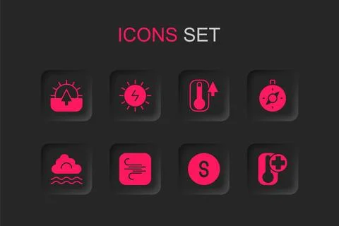 Set Wind, Solar energy panel, Sunrise, Compass south, Thermometer,  and Fog.. Stock Illustration