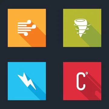 Set Wind, Tornado, Lightning bolt and Celsius icon. Vector Stock Illustration