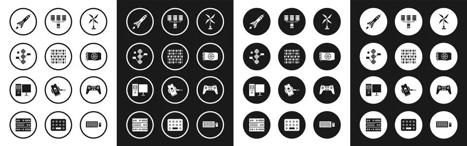 Set Wind turbine, Binary code, DNA symbol, Rocket ship with fire, Video gra.. Illustrazione stock