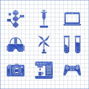Set Wind turbine, Coffee machine, Gamepad, Test tube and flask, Mirrorless Ilustración de archivo