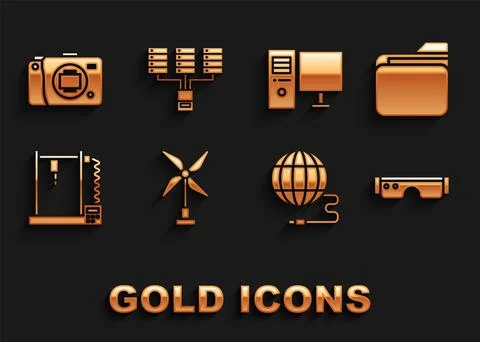 Set Wind turbine, Document folder, Smart glasses, Social network, 3D printer Stock Illustration