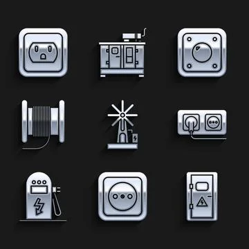 Set Wind turbine, Electrical outlet, cabinet, car charging station, Wire el.. Stock Illustration