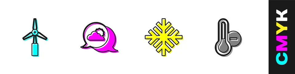 Set Wind turbine, Location cloud, Snowflake and Meteorology thermometer icon Illustrazione stock
