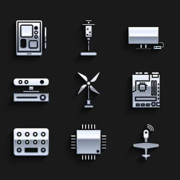 Set Wind turbine, Processor with microcircuits CPU, UAV Drone, Motherboard,.. 스톡 일러스트