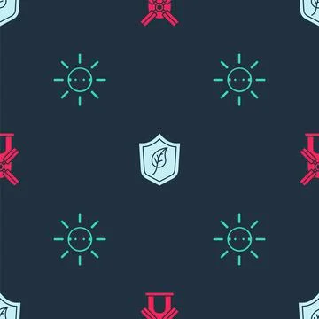 Set Wind turbine, Shield with leaf and Solar energy panel on seamless pattern Illustrazione stock