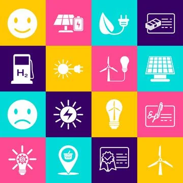 Set Wind turbine, Signed document, Solar energy panel, Electric saving plug leaf Stock Illustration