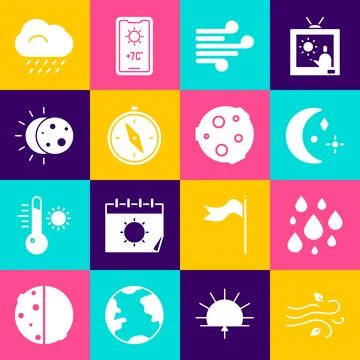 Set Wind, Water drop, Moon and stars, Compass, Eclipse of the sun, Cloud with Ilustração Stock
