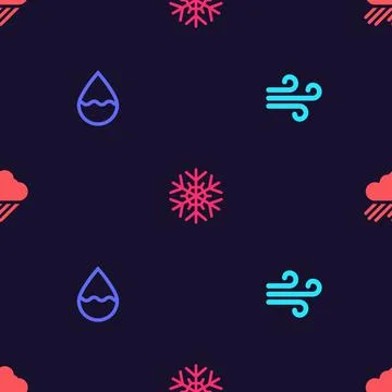 Set Wind, Water drop, Snowflake and Cloud with rain on seamless pattern. Vector Stockillustratie
