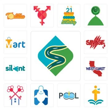 Set of winding road, first class, pool company, fishing store, , west coast,  Free Stock Illustration