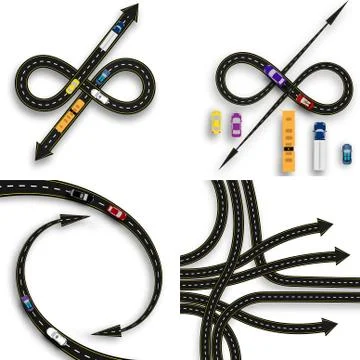 A set of winding roads with arrows pointing directions. Movement of vehicle.. Stock Illustration