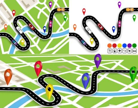 Set of winding roads with signs. On the map of the city and without. Moveme.. Stock Illustration
