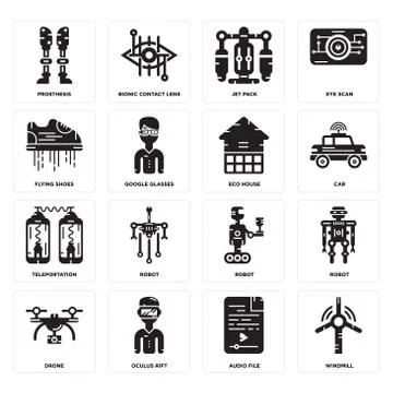 Set of Windmill, Audio file, Drone, Robot, Teleportation, Eco house, Flying s Free Stock Illustration