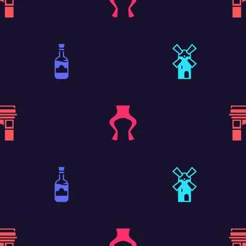 Set Windmill, Bottles of wine, Frog legs and Triumphal Arch on seamless pattern Stock Illustration