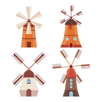 Set of Windmill Collection, German landmark, Vector rural countryside tradi.. Illustrazione stock