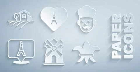 Set Windmill, Cook, Eiffel tower, Fleur De Lys, with heart and Village landscape 스톡 일러스트