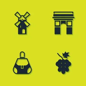 Set Windmill, Grape fruit, Handbag and Triumphal Arch icon. Vector Stock Illustration