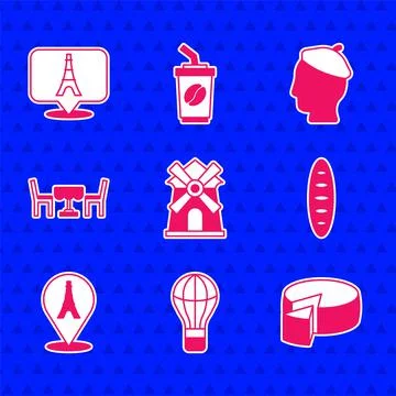 Set Windmill, Hot air balloon, Cheese, French baguette bread, Eiffel tower, cafe Illustrazione stock