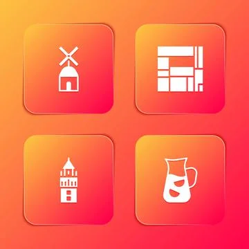 Set Windmill, House Edificio Mirador, Giralda and Sangria icon. Vector Иллюстрация
