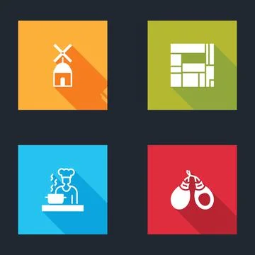 Set Windmill, House Edificio Mirador, Spanish cook and Castanets icon. Vector Иллюстрация