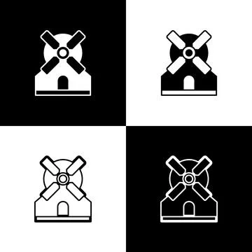 Set Windmill icon isolated on black and white background. Vector Stock Illustration