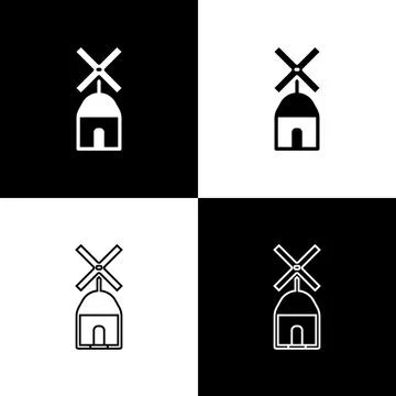 Set Windmill icon isolated on black and white background.  Vector Stock Illustration