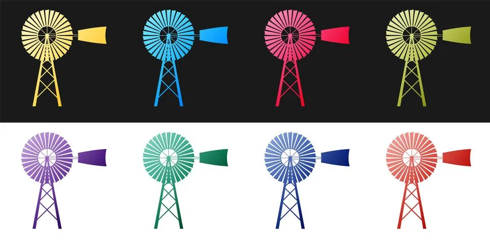 Set Windmill icon isolated on black and white background. Vector 스톡 일러스트