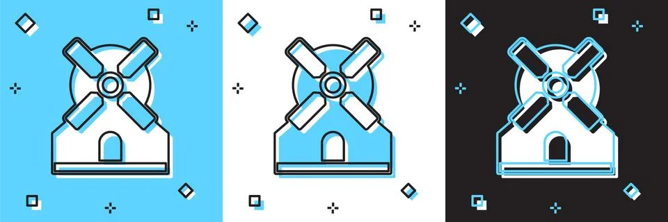 Set Windmill icon isolated on blue and white, black background. Vector Illustrazione stock